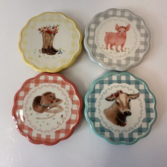 Pioneer Woman Stoneware Coasters Set of 4, Pig/Cowboy Hat/Cow/Boots Country/Farm - Picture 12 of 12